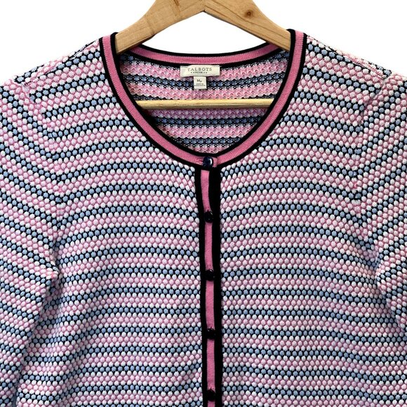 Talbots Cardigan Sweater Womens M Petite Pink Blue White Button Up Polka Dots - Picture 8 of 11